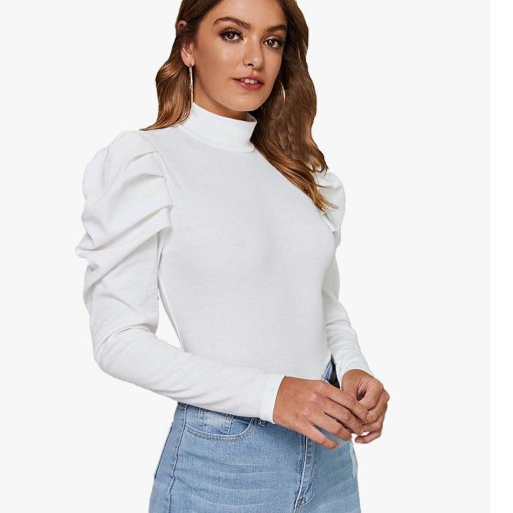 Shein Women's Elegant Puff Sleeve Mock Neck Top - Picture 4 of 5